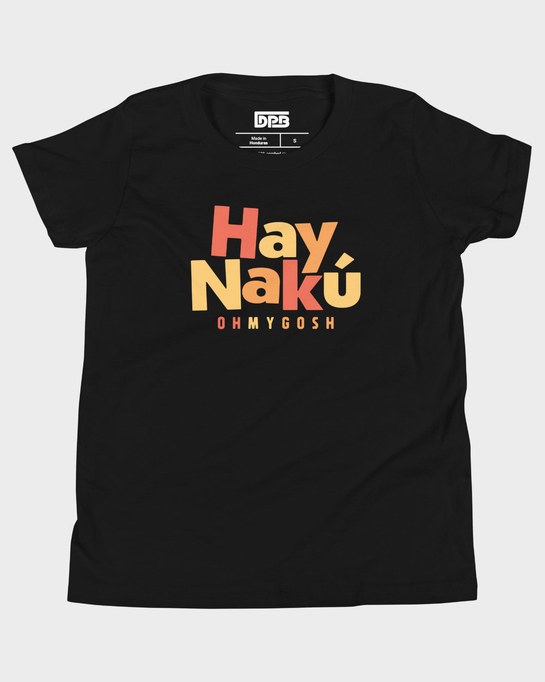 A black short-sleeve t-shirt with a retro-style graphic reading 'Hay Nakú' and 'OH MY GOSH' underneath, in orange, red, and yellow.