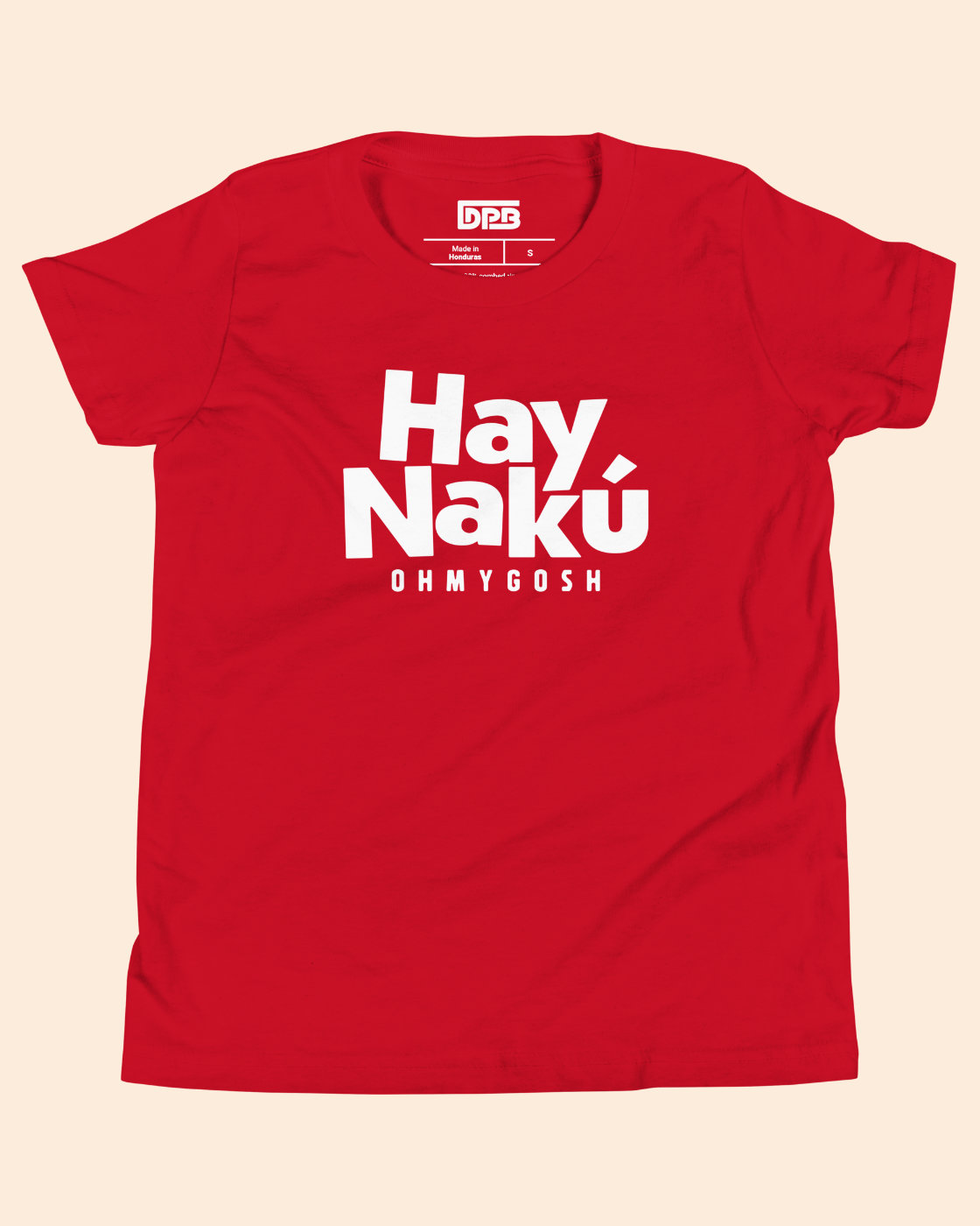 A red short-sleeve t-shirt with a retro-style graphic reading 'Hay Nakú' and 'OH MY GOSH' underneath, in white.