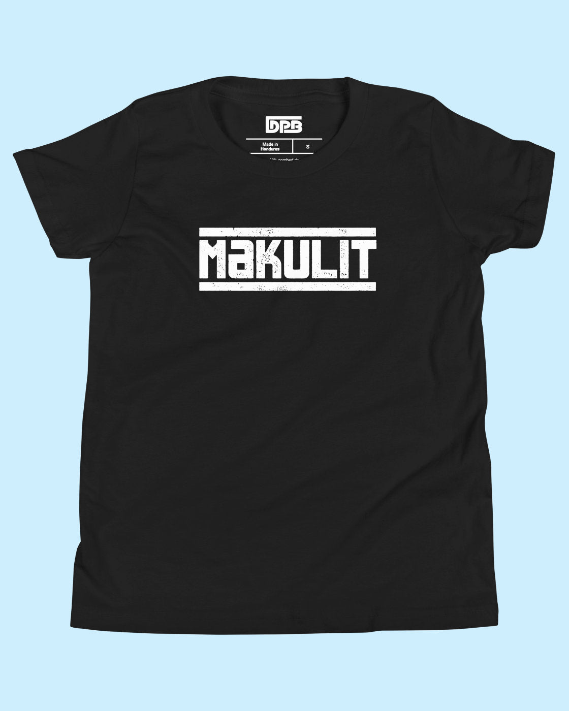 A black short-sleeve crewneck t-shirt with a distressed white graphic print reading 'MAKULIT' across the chest, displayed flat against a light blue background.