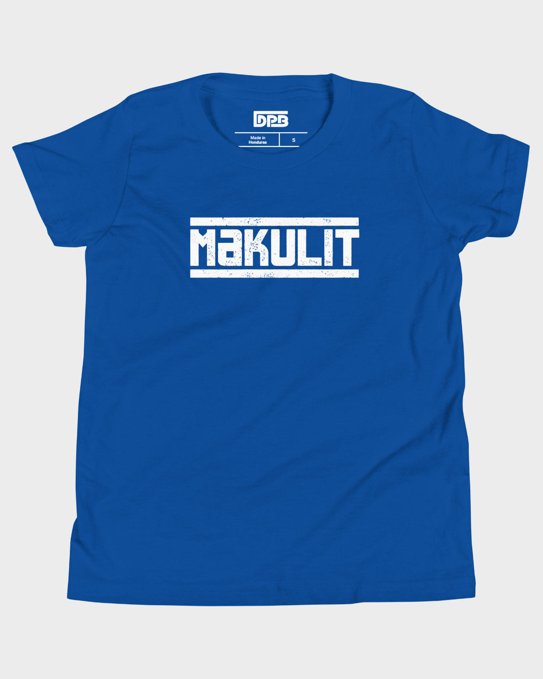 A royal blue short-sleeve t-shirt with a white distressed graphic on the chest reading 'MAKULIT' between two horizontal lines.