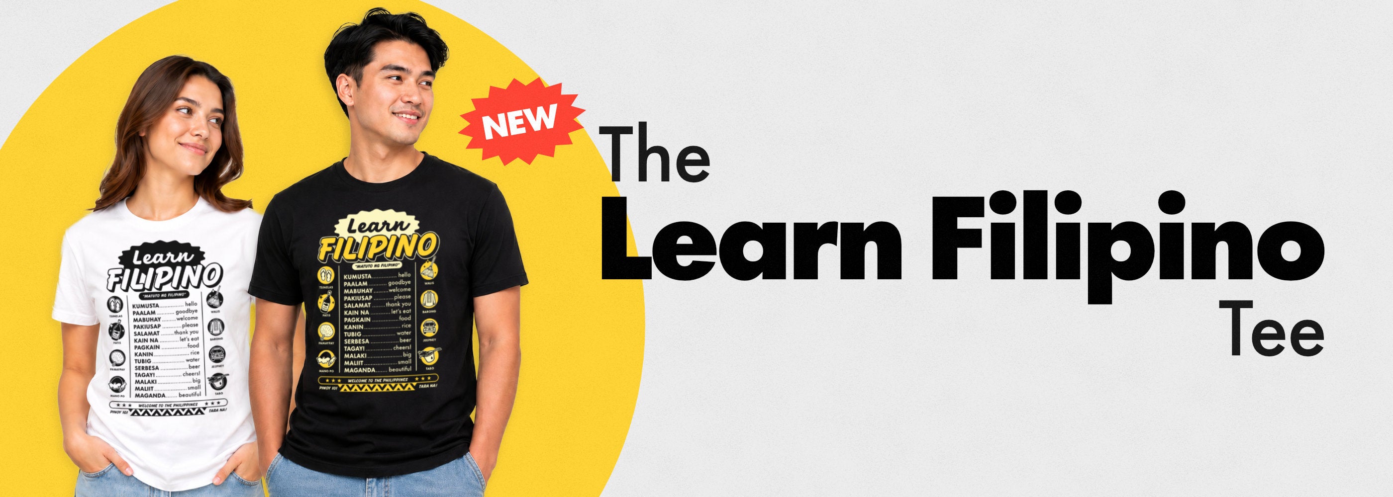 Promotional banner for the 'Learn Filipino' tee launch week, showing two models wearing black and white graphic t-shirts with the text 'LEARN FILIPINO' on the chest, set against a yellow and white background.