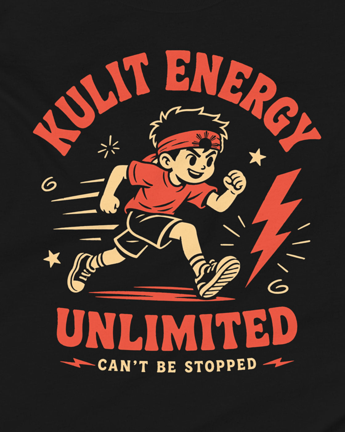A black t-shirt featuring a retro-style graphic of a running cartoon boy with the text 'KULIT ENERGY UNLIMITED CAN'T BE STOPPED' in red and beige.