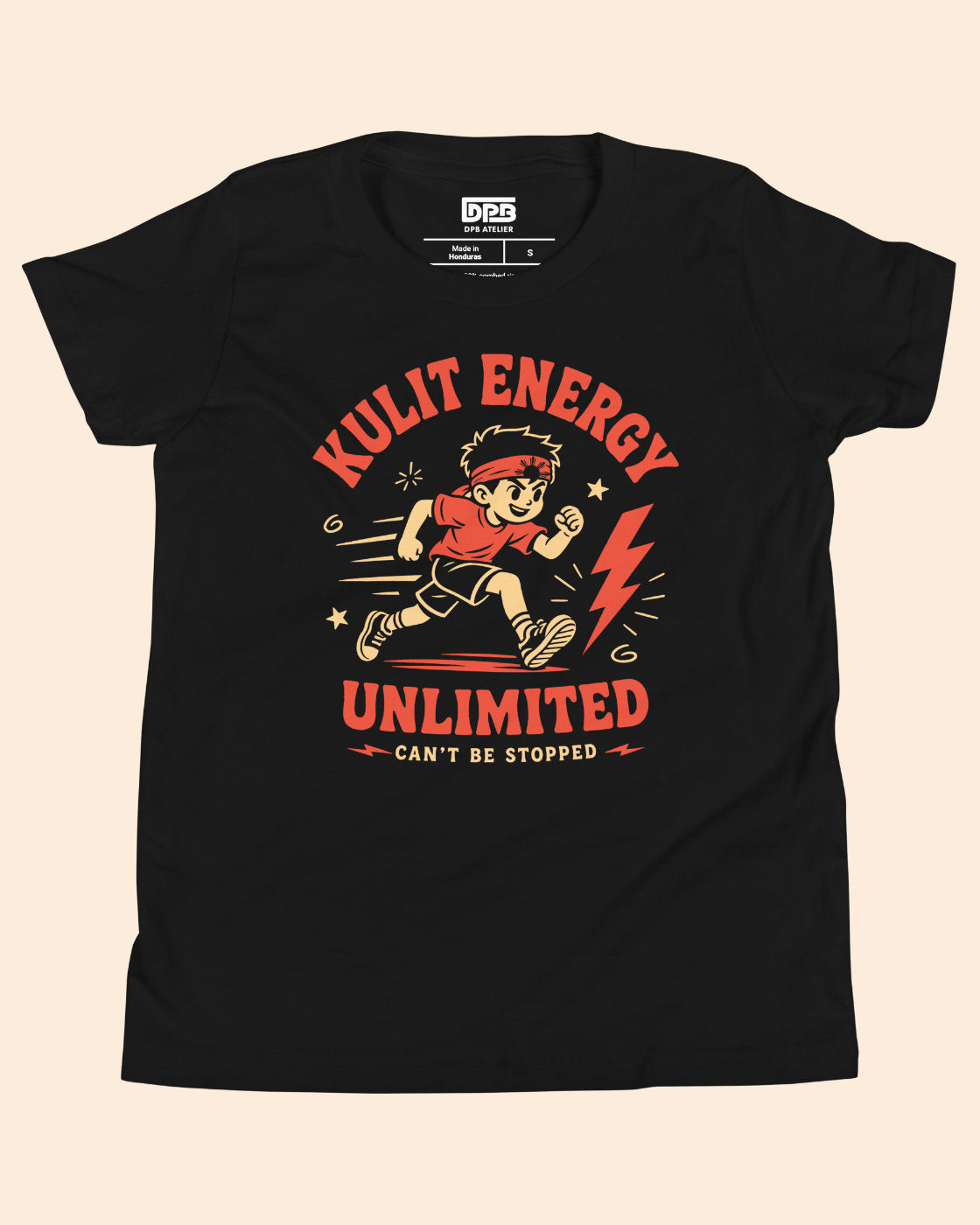 A black short-sleeve graphic t-shirt featuring a retro-style illustration of a running athlete with the text 'KULIT ENERGY UNLIMITED' and 'CAN'T BE STOPPED' in red and beige, displayed on a light beige background.