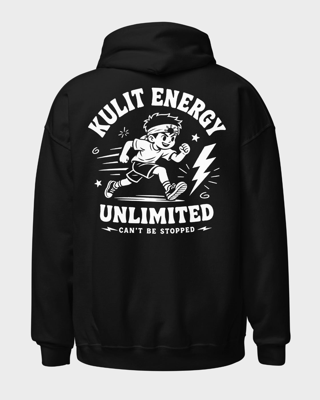 A black pullover hoodie shown from the back, featuring a large white graphic print of a running cartoon boy with the text 'KULIT ENERGY UNLIMITED' and 'CAN'T BE STOPPED'.
