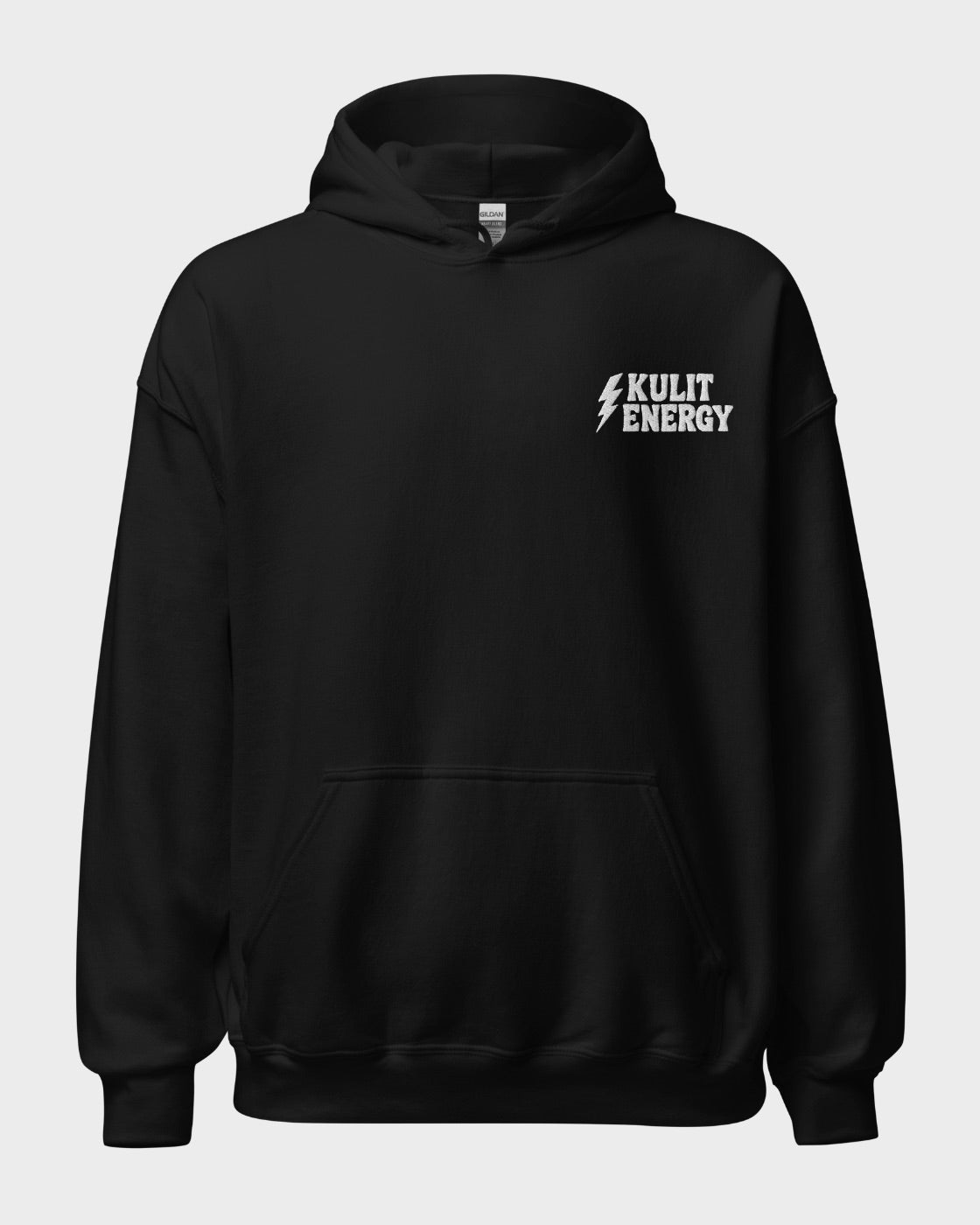 A black pullover hoodie with a white 'KULIT ENERGY' graphic embroidered on the left chest, displayed on a neutral light gray background.