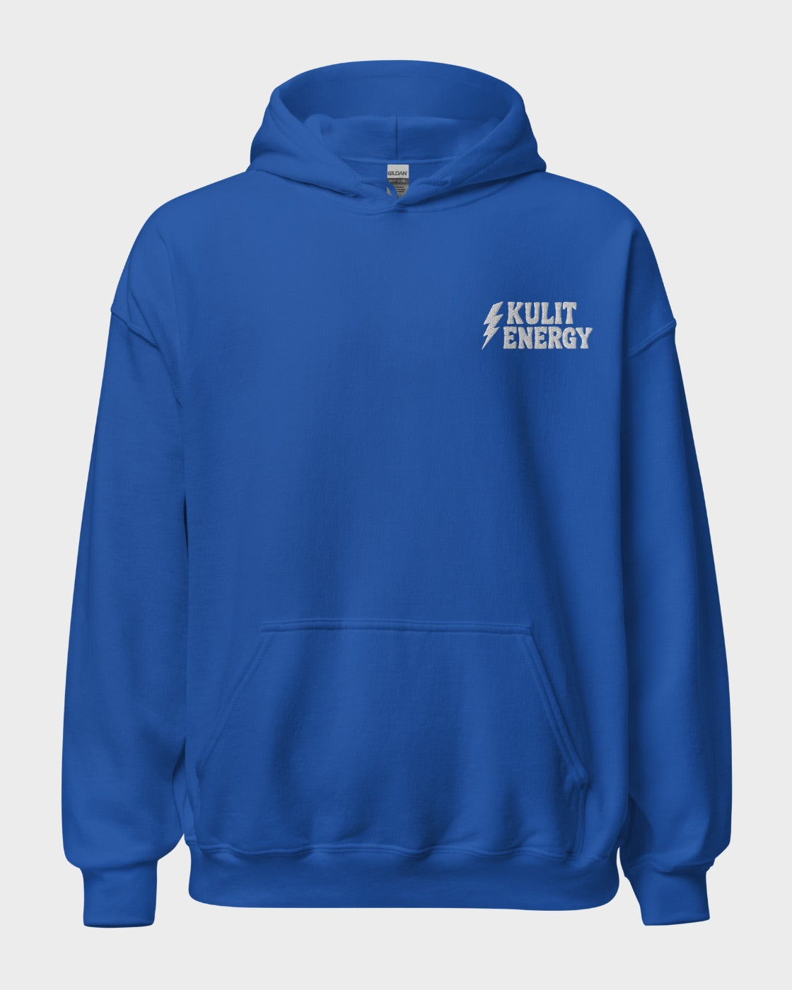 A royal blue pullover hoodie with a white 'KULIT ENERGY' graphic embroidered on the left chest, displayed on a neutral light gray background.