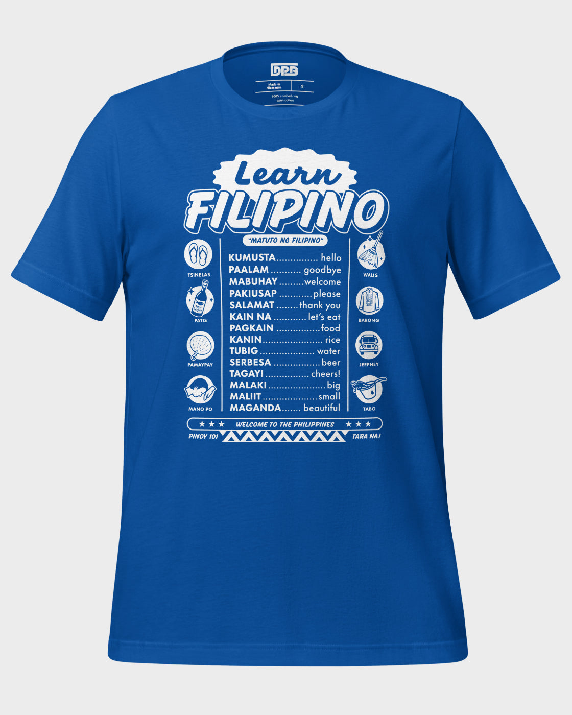 Blue t-shirt with 'Learn Filipino' text and vocabulary on a white background