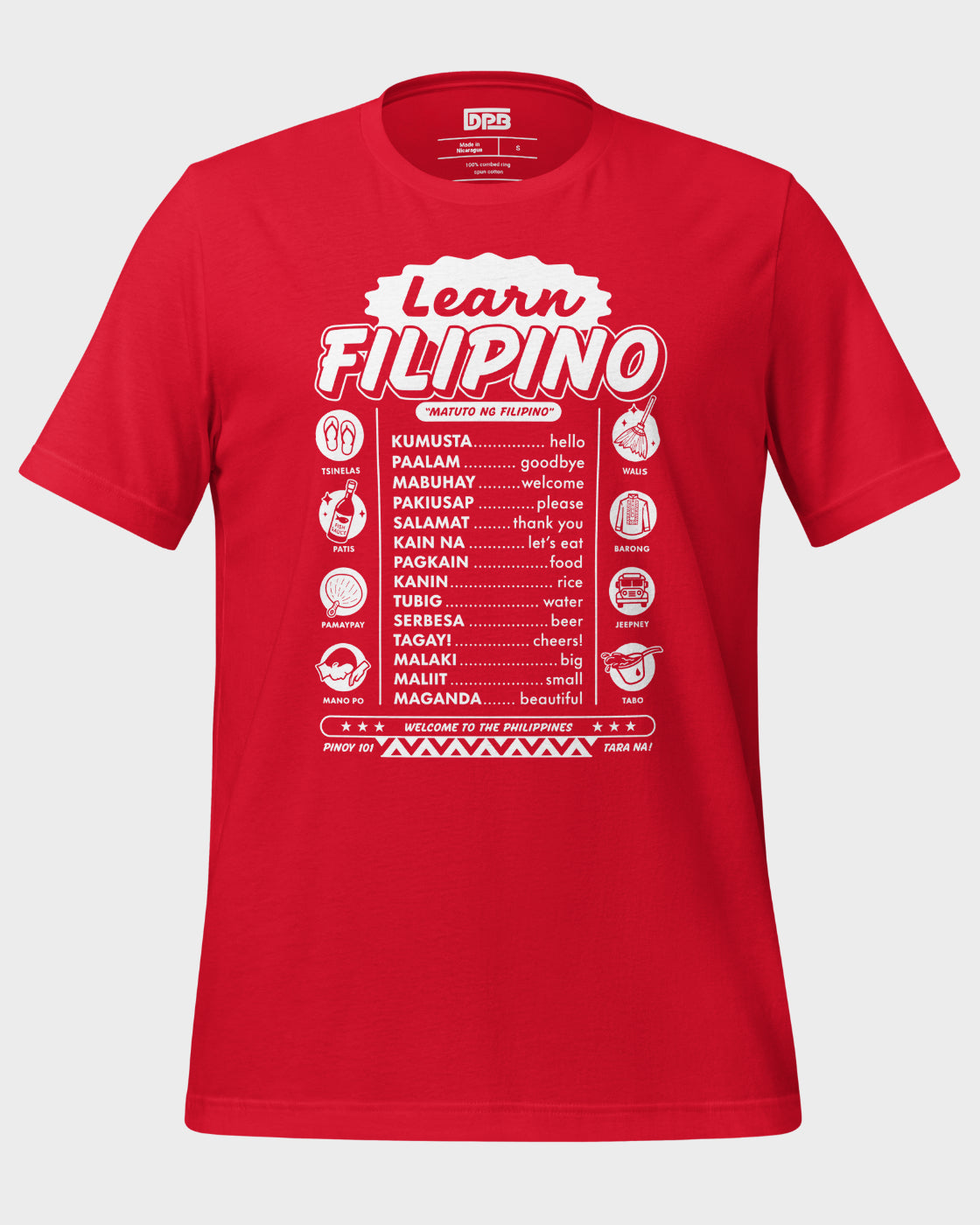 Red t-shirt with 'Learn Filipino' text and translations on a white background