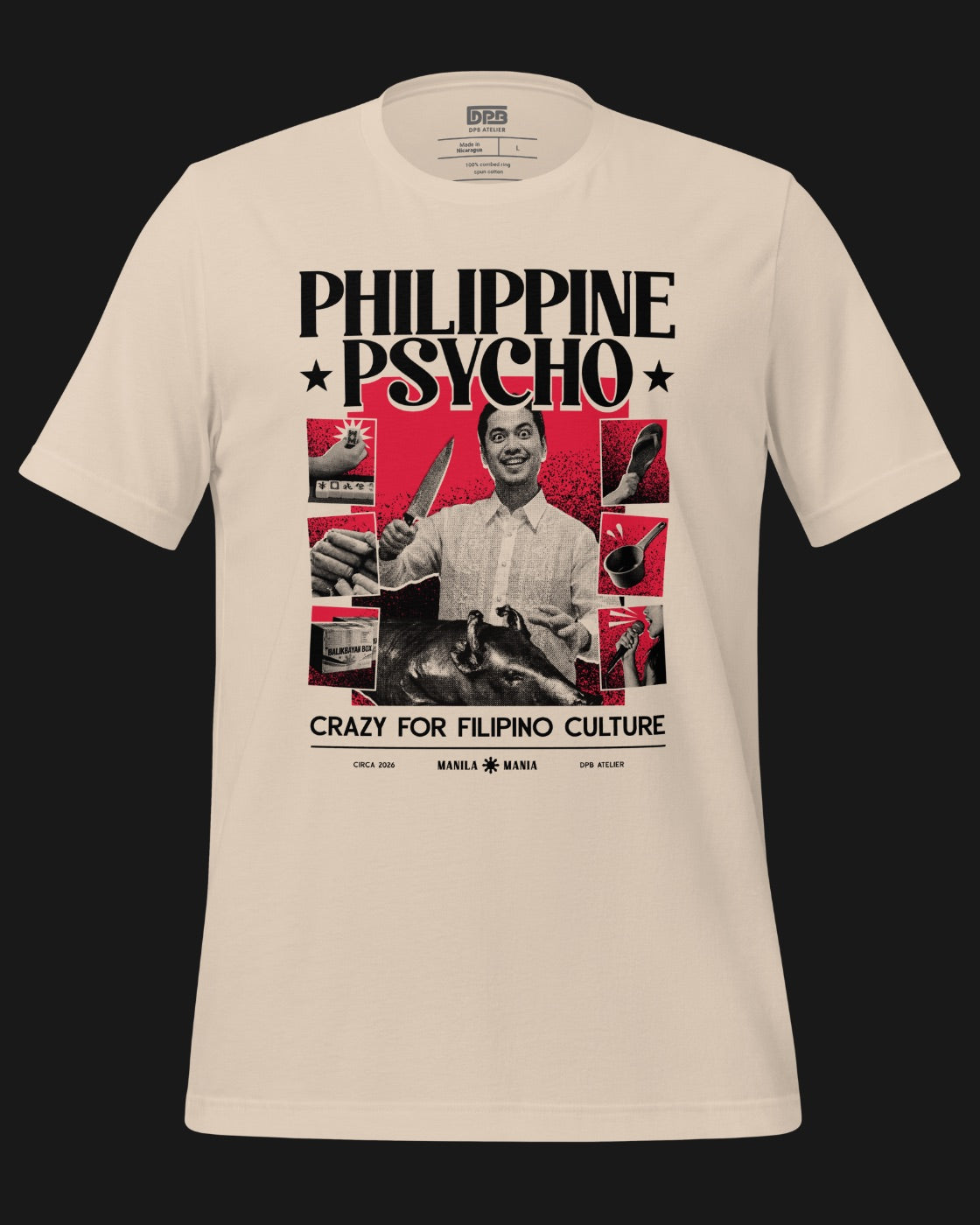 An off-white crewneck t-shirt featuring a graphic print with the text 'PHILIPPINE PSYCHO' and 'CRAZY FOR FILIPINO CULTURE' in black, alongside red and black collage images, displayed against a solid black background.