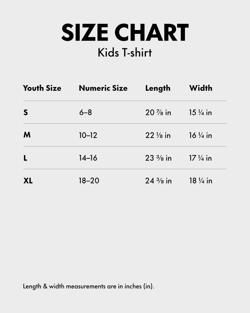 A size chart for a kids T-shirt showing measurements in inches for sizes S, M, L, and XL, with a light gray background and black text.