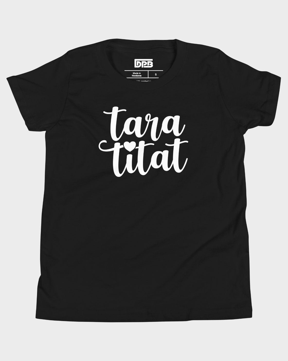 A black short-sleeve crewneck t-shirt with 'taratitat' printed in white script across the chest, displayed flat against a light gray background.