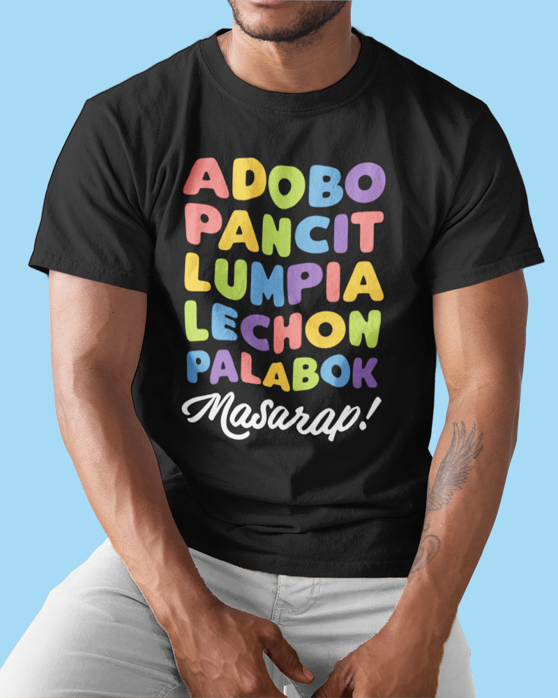 Male model wearing black t-shirt