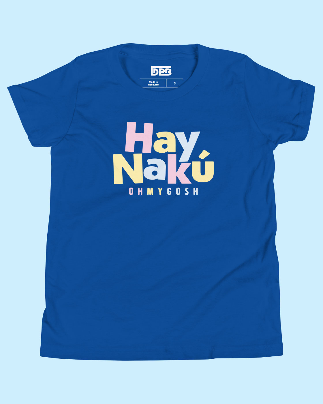 A royal blue short-sleeve t-shirt with a retro-style graphic reading 'Hay Nakú' and 'OH MY GOSH' underneath, in pink, yellow, and light blue.
