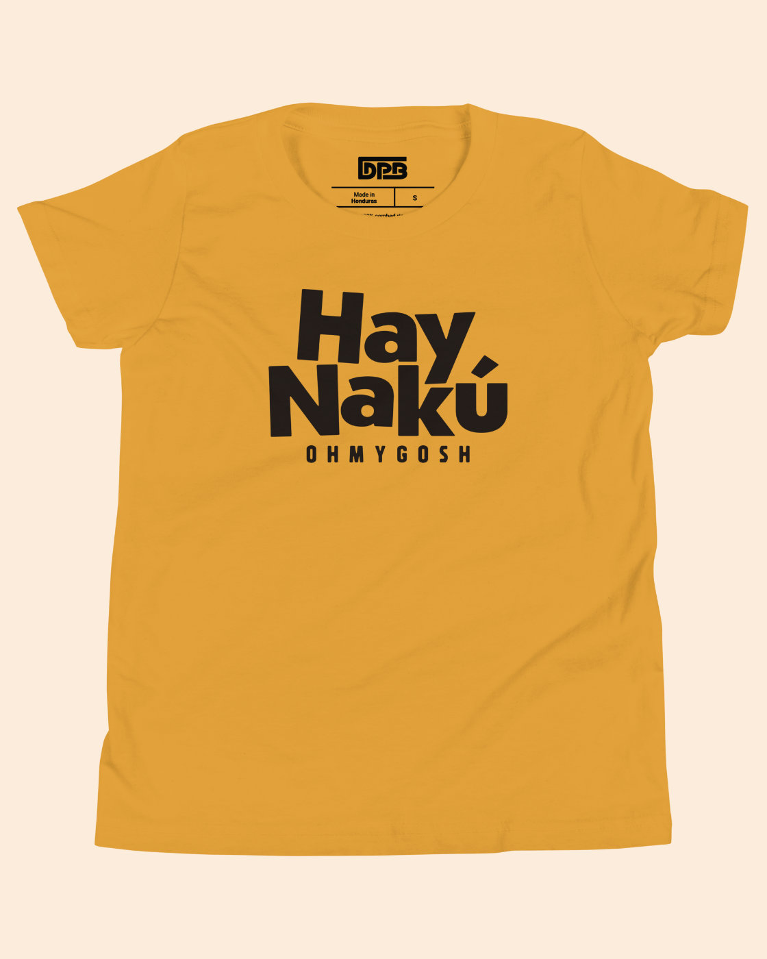 A mustard yellow short-sleeve t-shirt with a retro-style graphic reading 'Hay Nakú' and 'OH MY GOSH' underneath, in black.