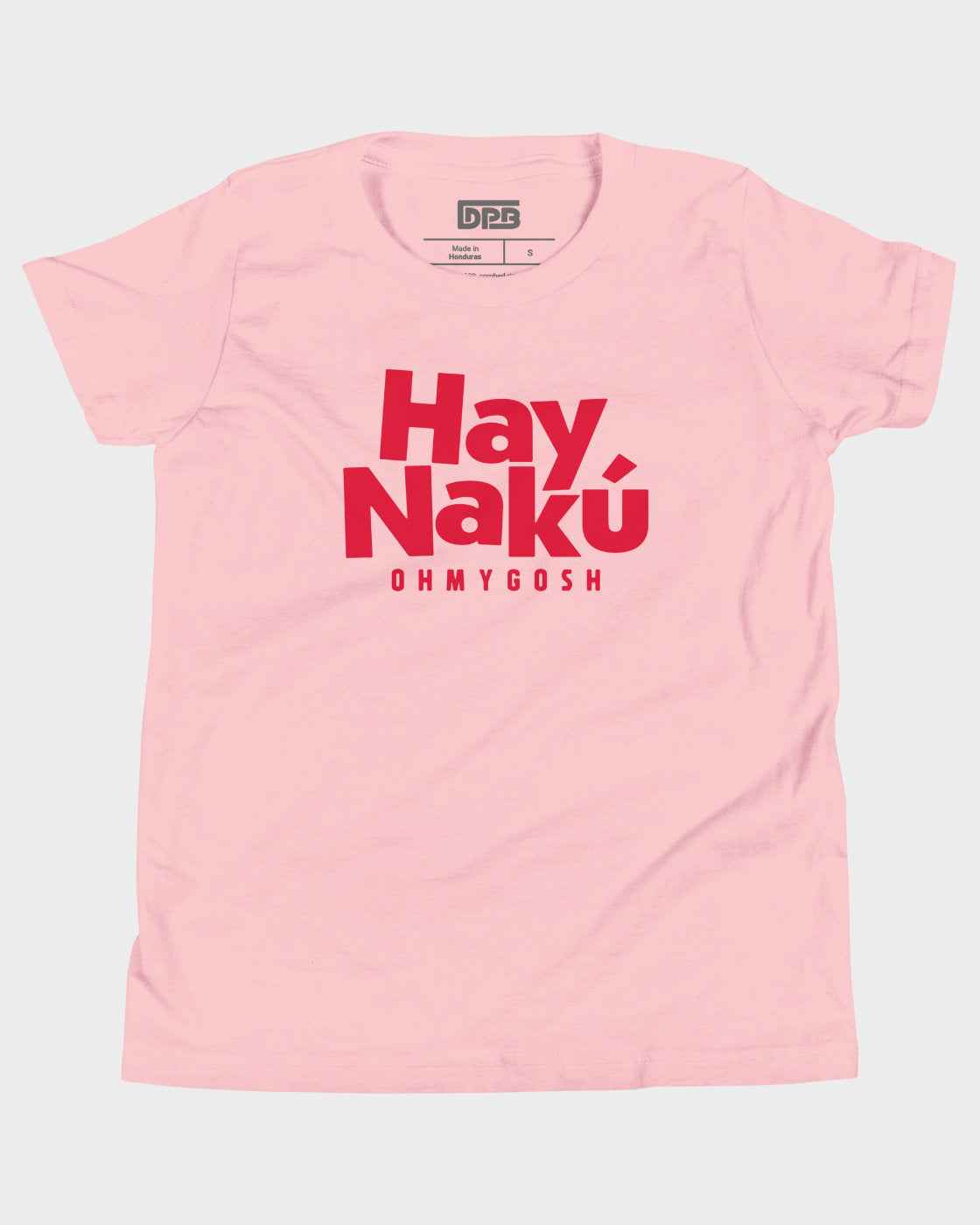 A light pink short-sleeve t-shirt with a retro-style graphic reading 'Hay Nakú' and 'OH MY GOSH' underneath, in red.