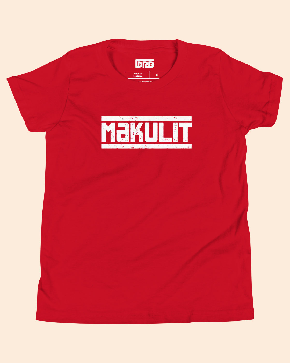 A red short-sleeve crewneck t-shirt with a white distressed graphic on the chest reading 'MAKULIT' between two horizontal lines.