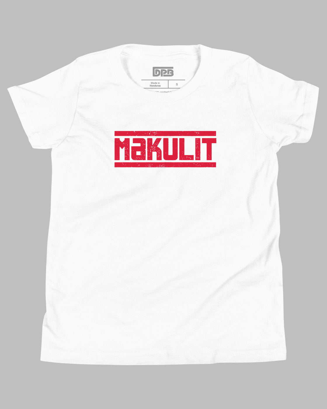 A white short-sleeve crewneck t-shirt with a red distressed graphic on the chest reading 'MAKULIT' between two red horizontal bars.