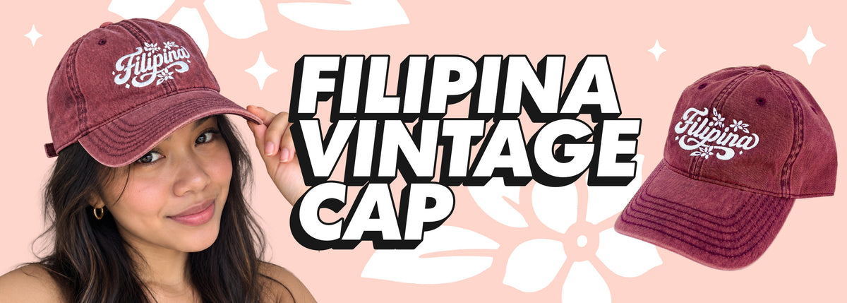 A woman wearing a maroon baseball cap with a 'Filipina' script logo, alongside a floating product render of the same cap and large text reading 'FILIPINA VINTAGE CAP' on a pink floral background.