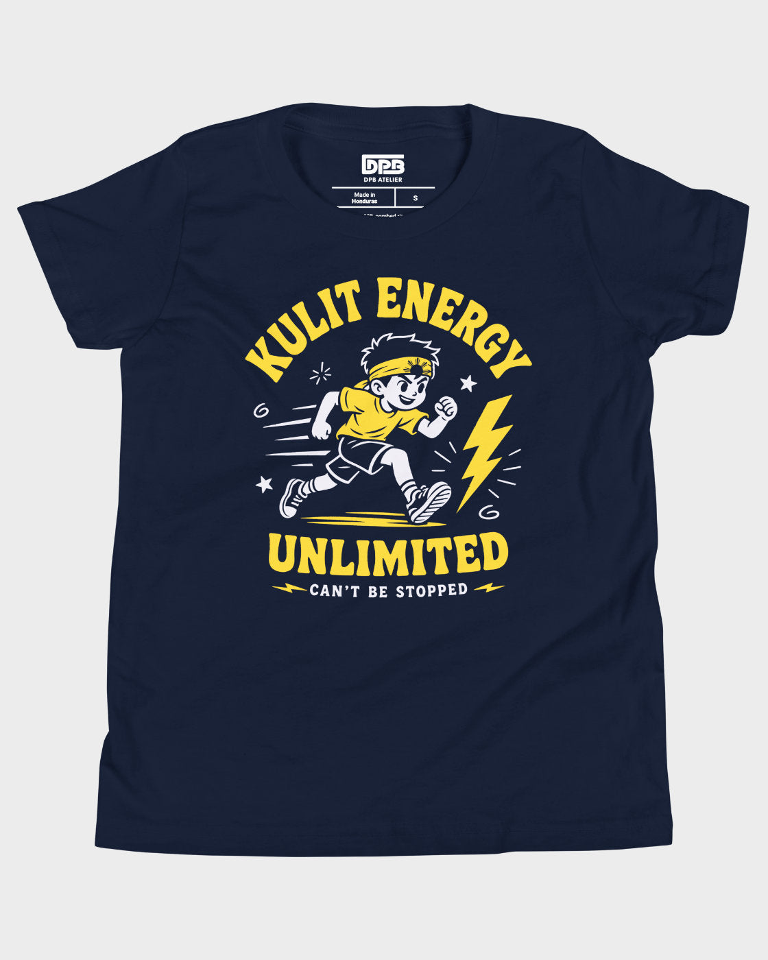A navy blue short-sleeve t-shirt with a yellow and white graphic print on the front. The graphic features a cartoon runner with the text 'KULIT ENERGY UNLIMITED' and 'CAN'T BE STOPPED'.