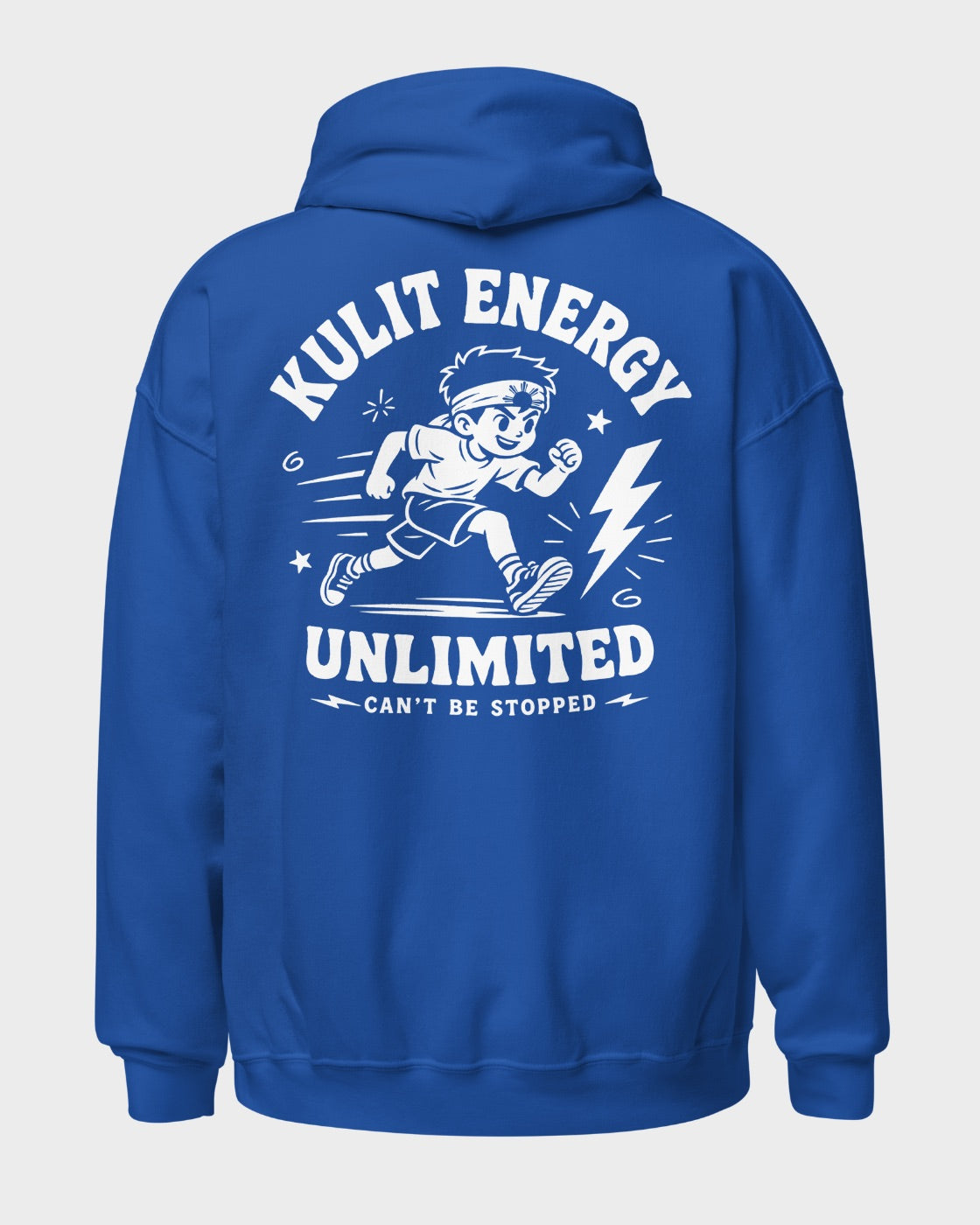 A royal blue pullover hoodie shown from the back, featuring a large white graphic print of a running cartoon boy with the text 'KULIT ENERGY UNLIMITED' and 'CAN'T BE STOPPED'.
