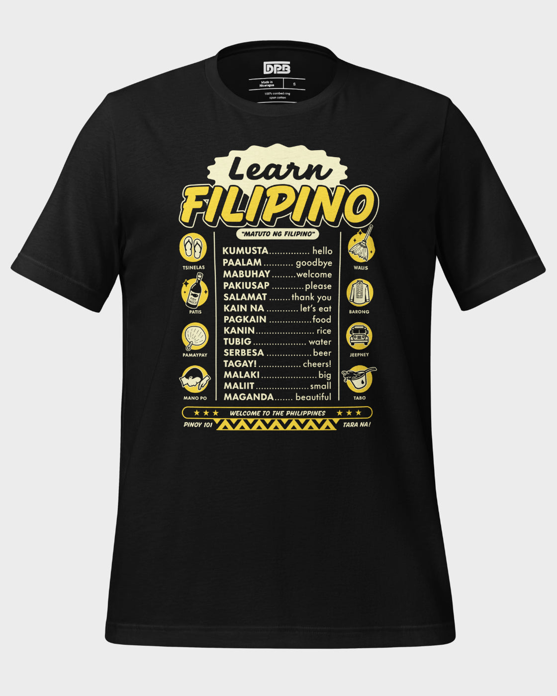 Black t-shirt with yellow and white text and graphics on a gray background