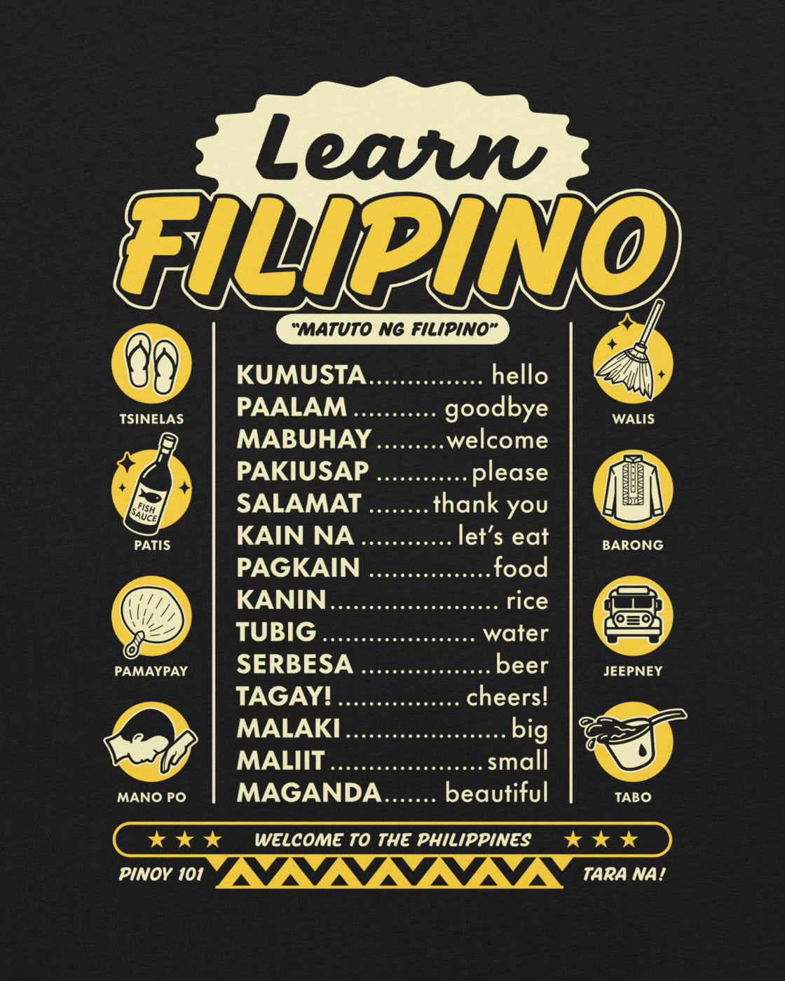 Learn Filipino language t-shirt design with yellow text and icons on a black background