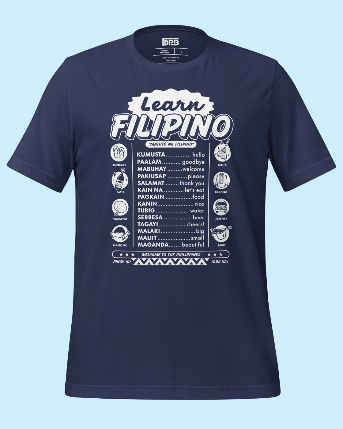 Navy blue t-shirt with 'Learn Filipino' text and vocabulary on a light blue background