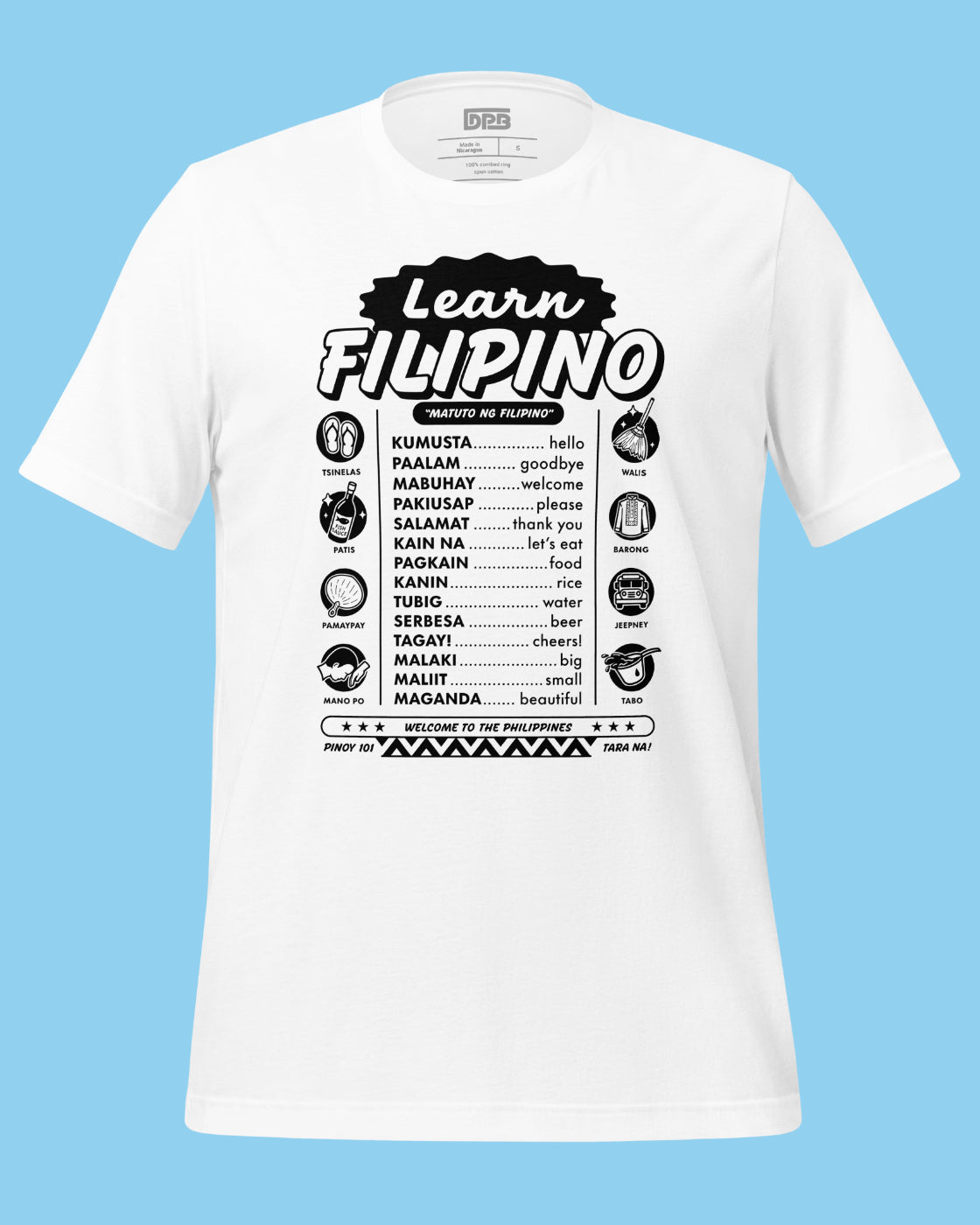 White t-shirt with 'Learn Filipino' text and vocabulary on a blue background