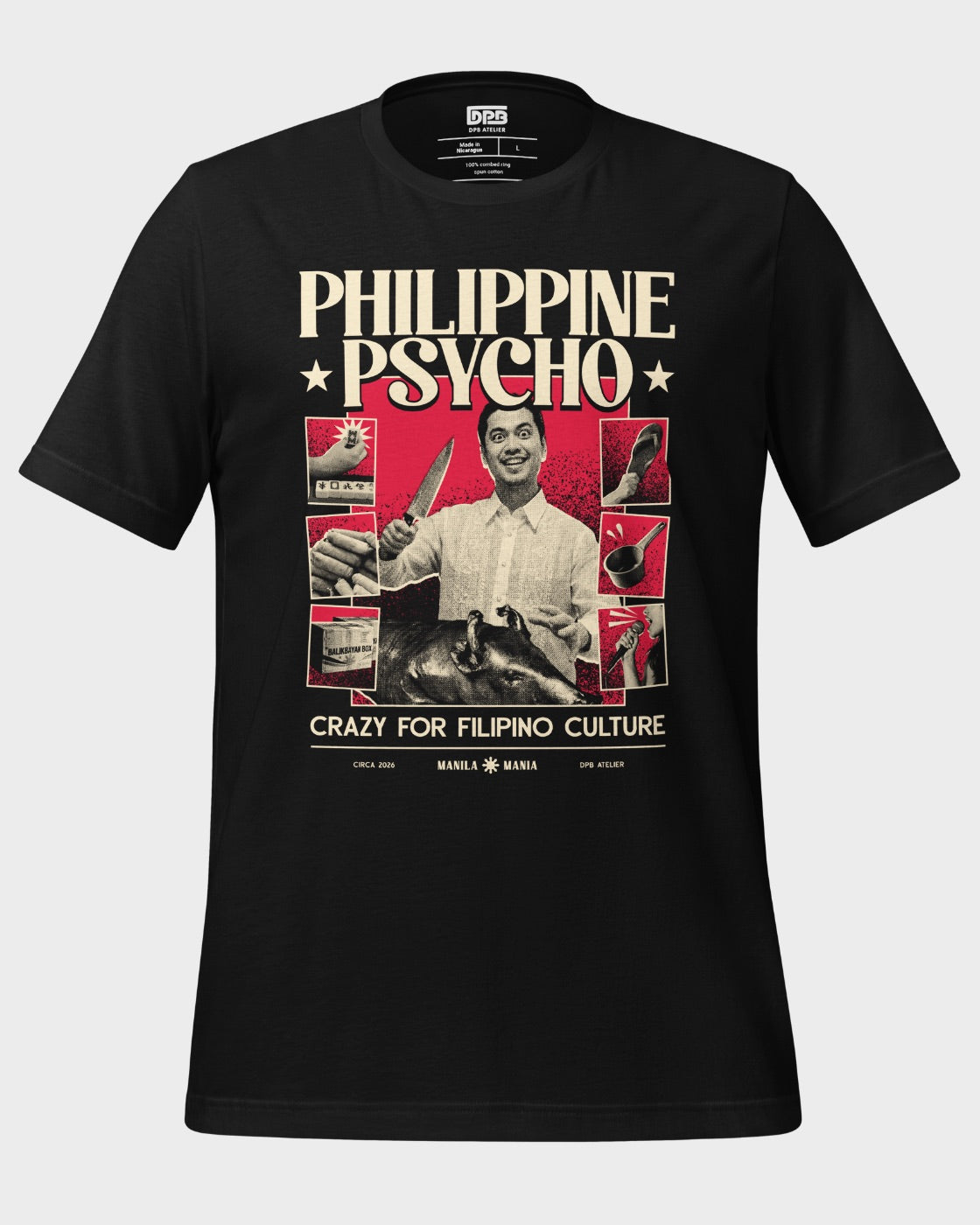 A black short-sleeve graphic t-shirt featuring a vintage-style red and beige print with the text 'PHILIPPINE PSYCHO' and 'CRAZY FOR FILIPINO CULTURE'. The print includes a central figure holding a knife and smaller red-and-black panels.