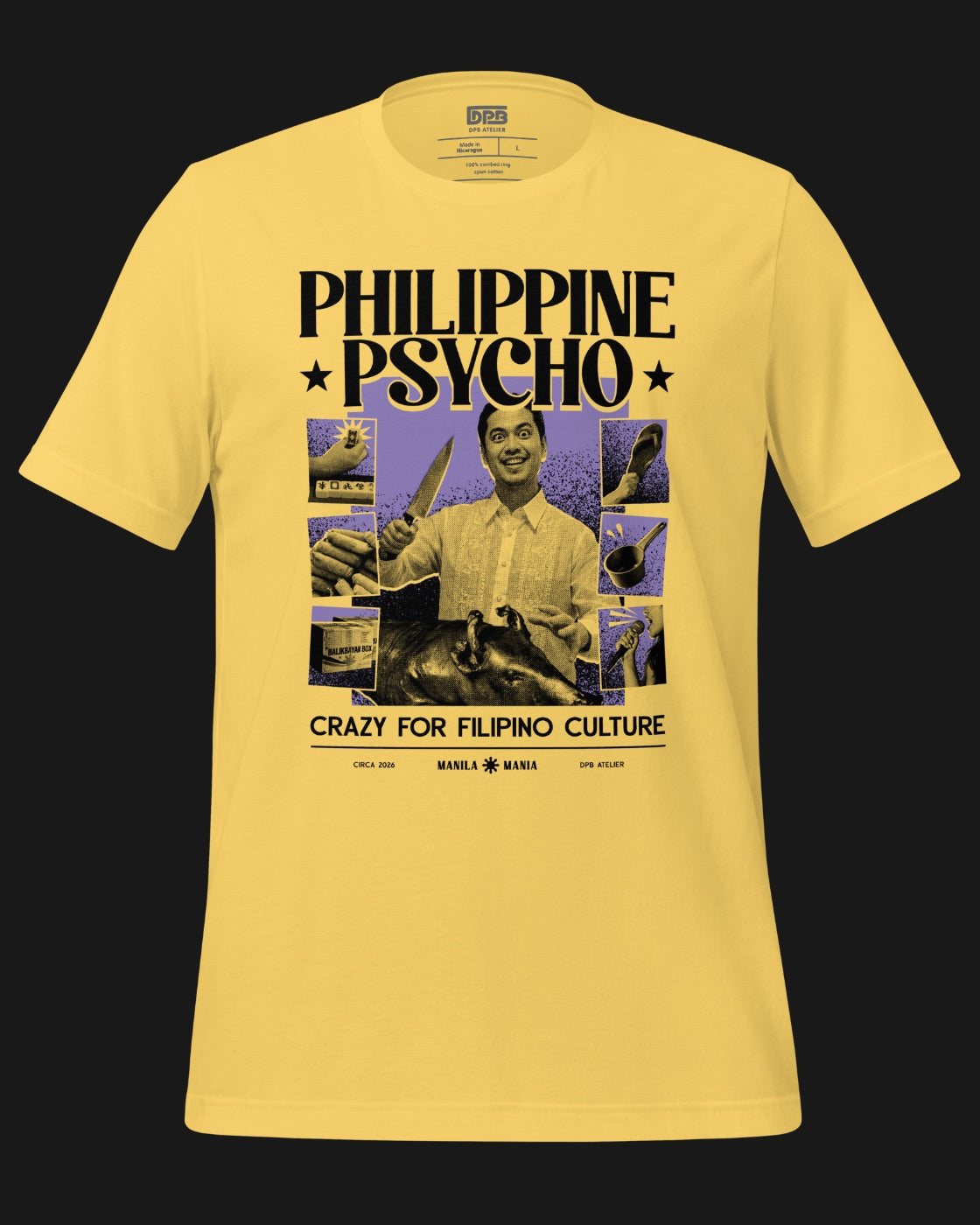 A yellow short-sleeve graphic t-shirt featuring a retro-style print with the text 'PHILIPPINE PSYCHO' and 'CRAZY FOR FILIPINO CULTURE' in black, alongside a collage of purple-toned images. The shirt is displayed flat against a solid black background.