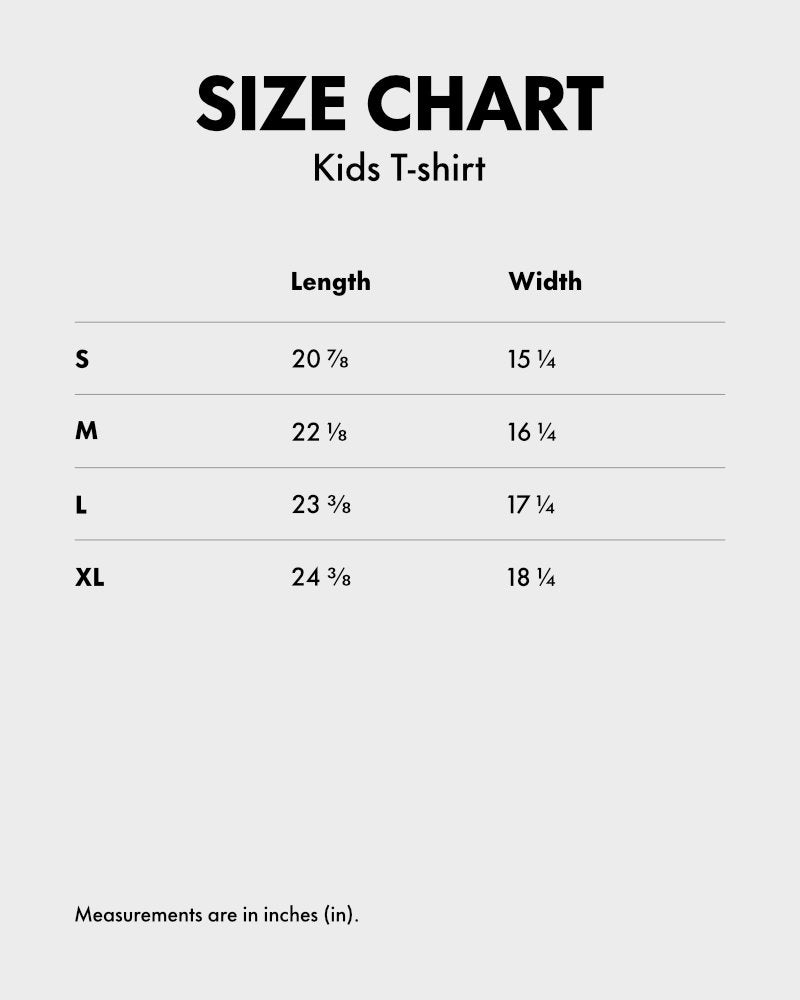 A size chart for a kids T-shirt showing measurements in inches for sizes S, M, L, and XL, with a light gray background and black text.