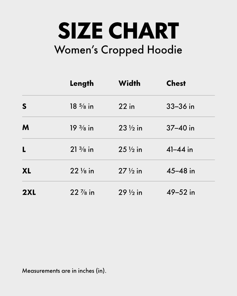 A size chart table for women's cropped hoodies, showing measurements in inches for Length, Width, and Chest across sizes S through 2XL on a light gray background.