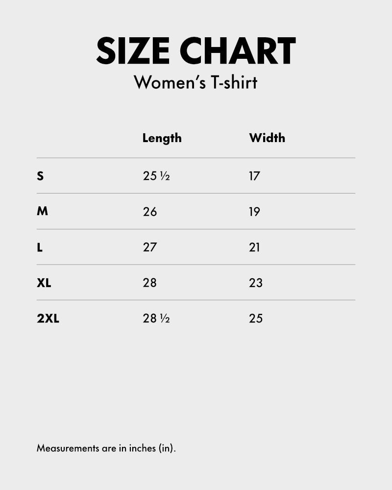 Size chart for women's t-shirts with measurements in inches.