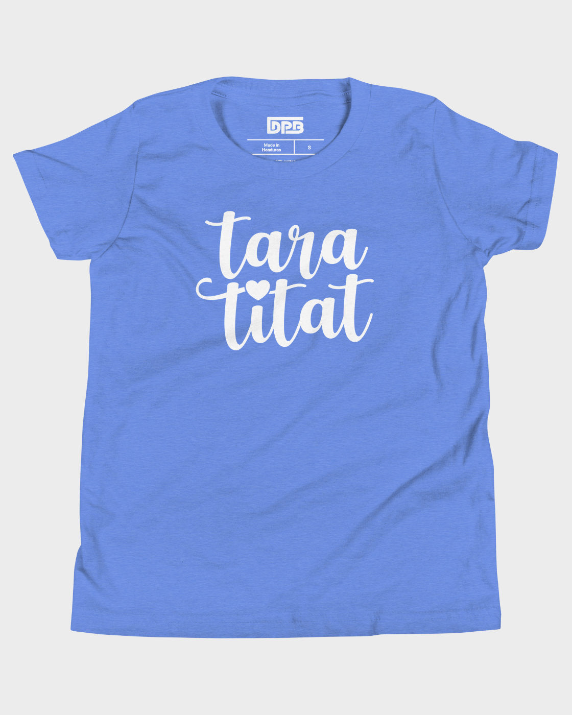 A royal blue short-sleeve t-shirt with 'taratitat' printed in white script across the chest, laid flat against a light gray background.